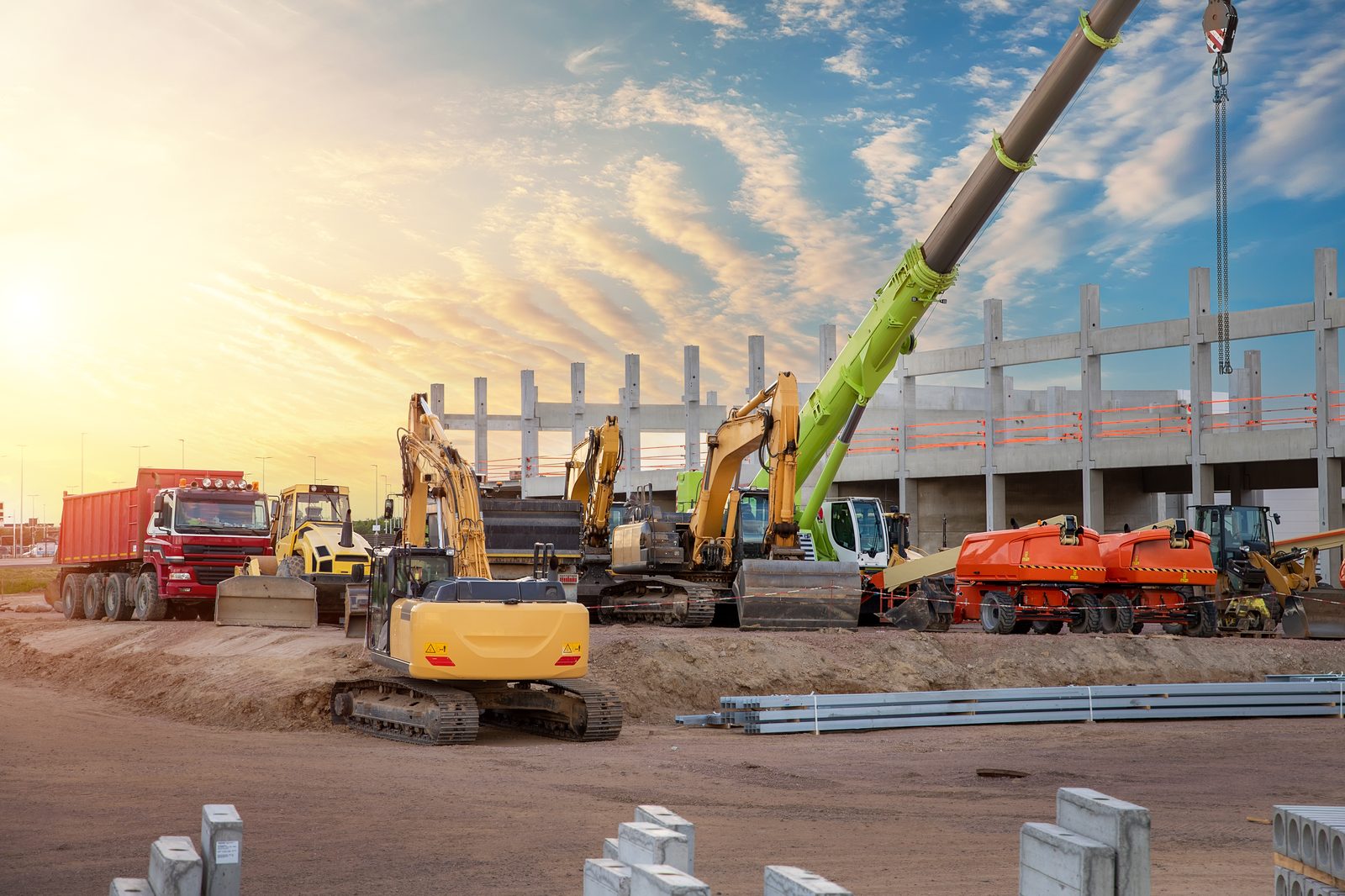 Commercial construction site at sunset